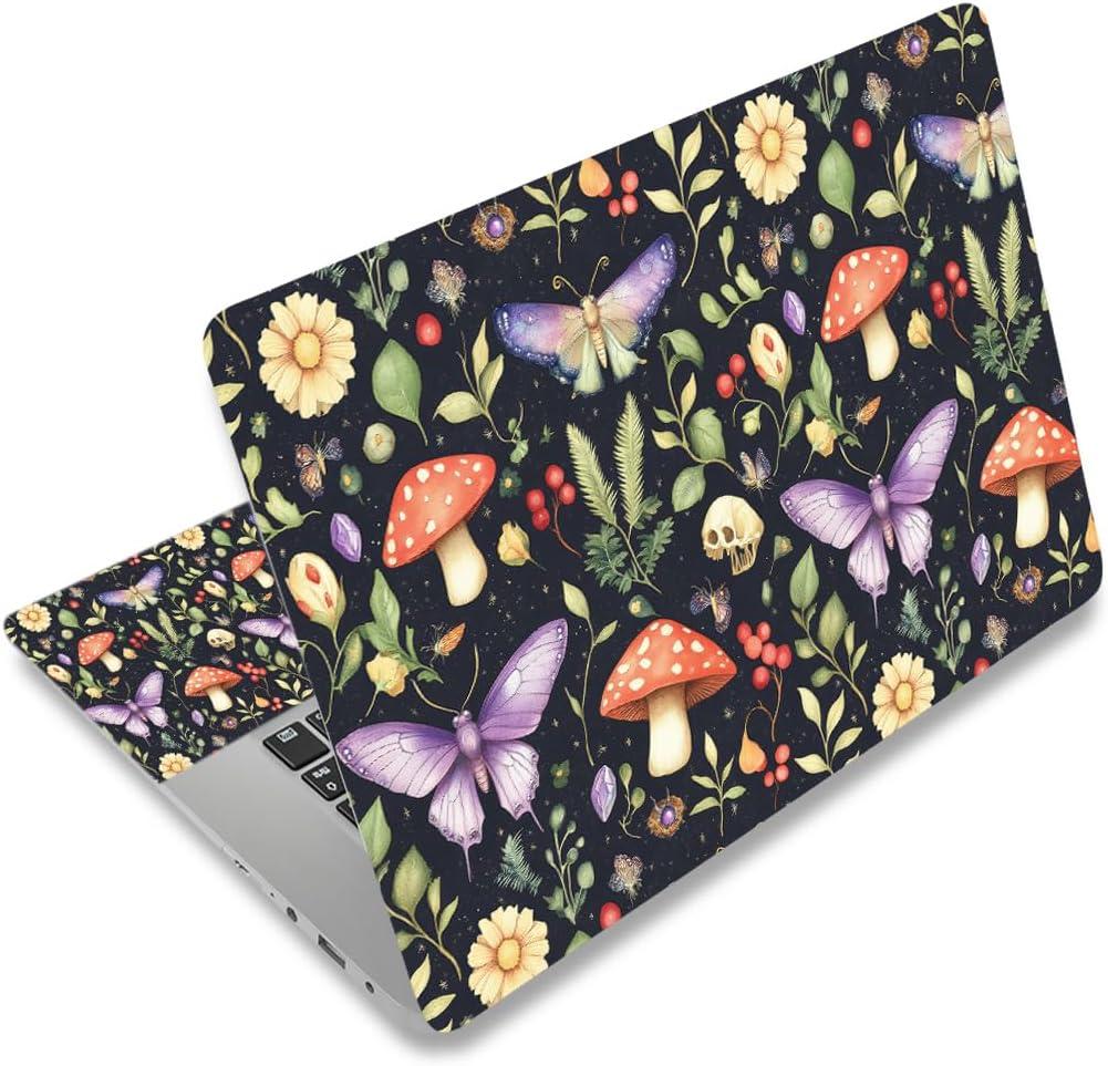DINKY Laptop Notebook Skin Sticker Cover Decal, 13 13.3 14 15 15.4 15.6 inch Laptop Vinyl Skin Sticker Cover Soft Art Protector Netbook (Mushroom Butterfly)