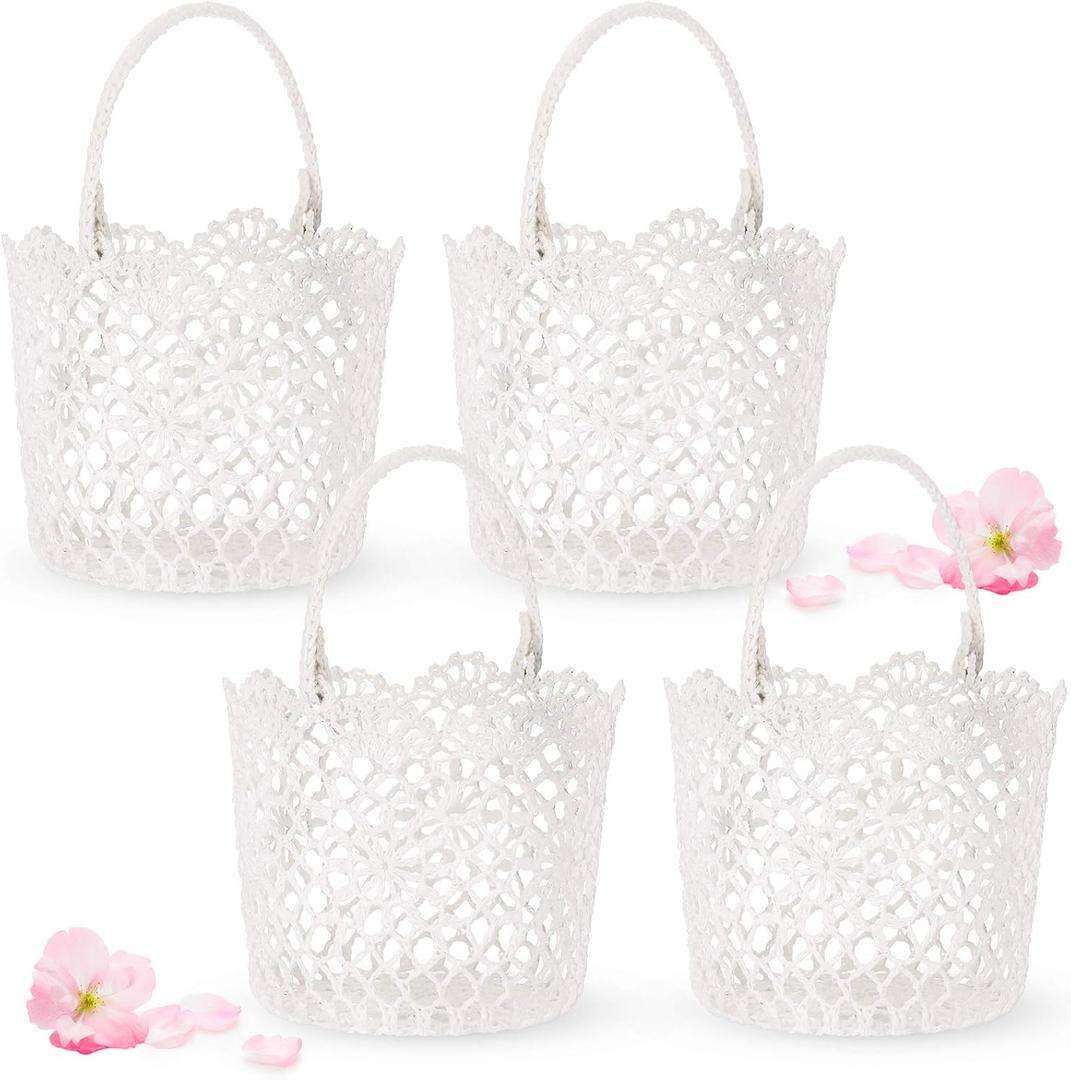 WILLBOND 4 Pcs White Flower Girl Basket with Handle for Wedding Ceremony, 5.9 x 4.72 x 4.33 Inch