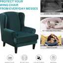 MIFXIN Wingback Chair Slipcover 2-Piece Velvet Stretch Wing Chair Slipcovers with Cushion Cover Removable Washable Armchair Furniture Protector for Living Room Kids Pets (Deep Teal)