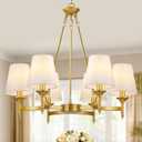 Gold Chandelier with White Shades, 6-Light Modern Farmhouse Chandeliers for Dining Room, Rustic Round Hanging Light Fixture for Kitchen Island Bedroom Office Living Room Entryway