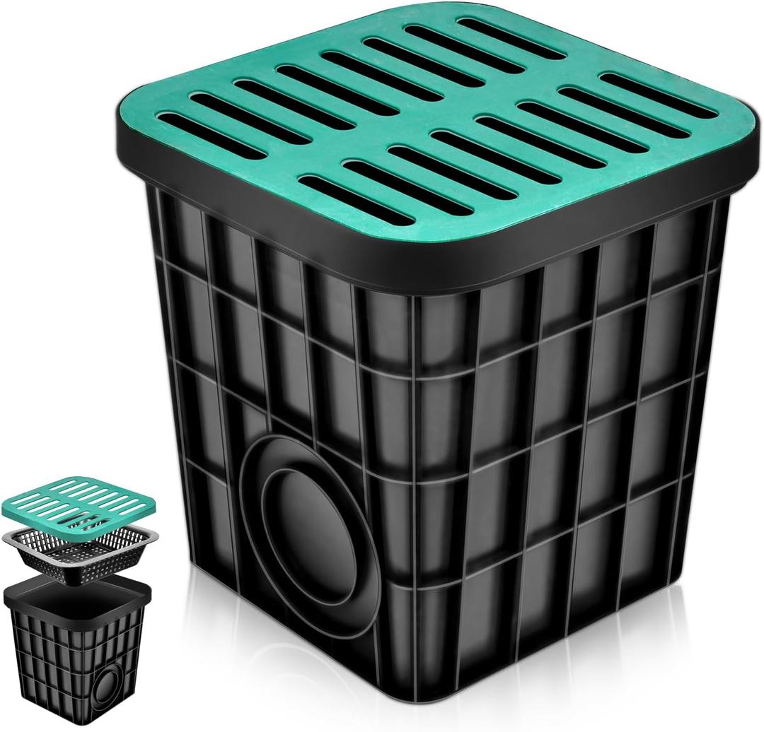 Large Drainage Catch Basin with Debris Basket, Durable 16x16x16 in French Drain Basin with Fiberglass Grate, No Reserved Hole for Yard, Patios, Downspouts, Lawns