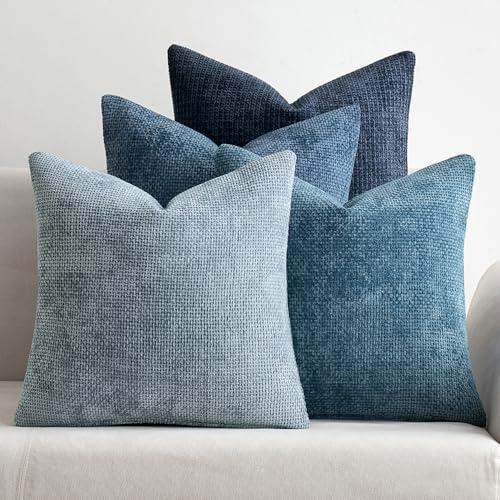 MIULEE Pack of 4 Couch Throw Pillow Covers 16x16 Inch Neutral Blue Soft Decorative Chenille Pillow Covers Farmhouse Accent Cushion Covers for Boho Western Spring Coastal Decor Sofa Bed Living Room