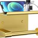 Brushed Gold Toilet Paper Holder Wall Mount, Fits Mega Rolls Size Rustproof Self Adhesive Brushed Brass Toilet Paper Holder Gold with Shelf