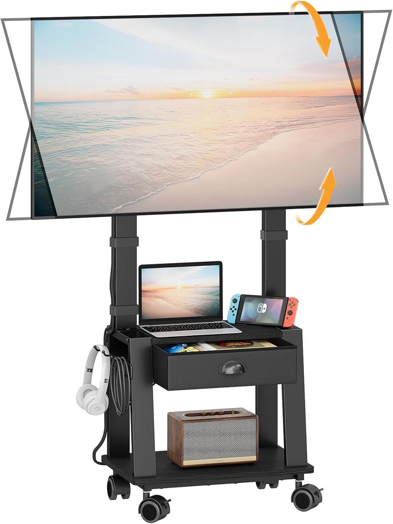 Mobile TV Stand with Drawer for 23-72 Inch TVs, Portable Rolling TV Stand on Wheels with 2 Shelves for Bedroom/Living Room, Holds up to 220 lbs Adjustable Height Tilt Max VESA 600x400mm