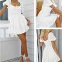 Women's Square Neck Puff Sleeve Mini Dresses Ruffle Elastic Waist A-Line Elegant Summer Casual Flowy Mini Dress (White)