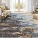 ROYHOME Washable Rug 9x12 Area Rug for Living Room, Non Slip Abstract Rug for Bedroom, Ultra Soft Area Rug, Low Pile Soft Contemporary Indoor Floor Carpet Cover, Blue/Brwon