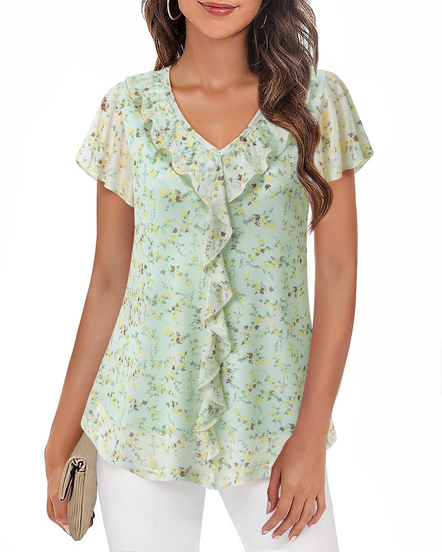Timeson Women's Tops Dressy Casual: Loose Fit - Plus Size Blouses for Women - Womens Short Sleeve Shirts Floral Ladies Office Work Outfits Peasant Summer Tunic for Leggings Hide Belly Mesh Yellow 2XL