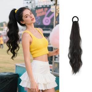 Curly Ponytail Extension with Elastic Tie 17 Inch Resistant Synthetic Natural Wavy Hairpiece Pony Tail Hair Extensions Wave Fake Ponytail Hairpieces for Women Daily WearNatural Black-1pcs