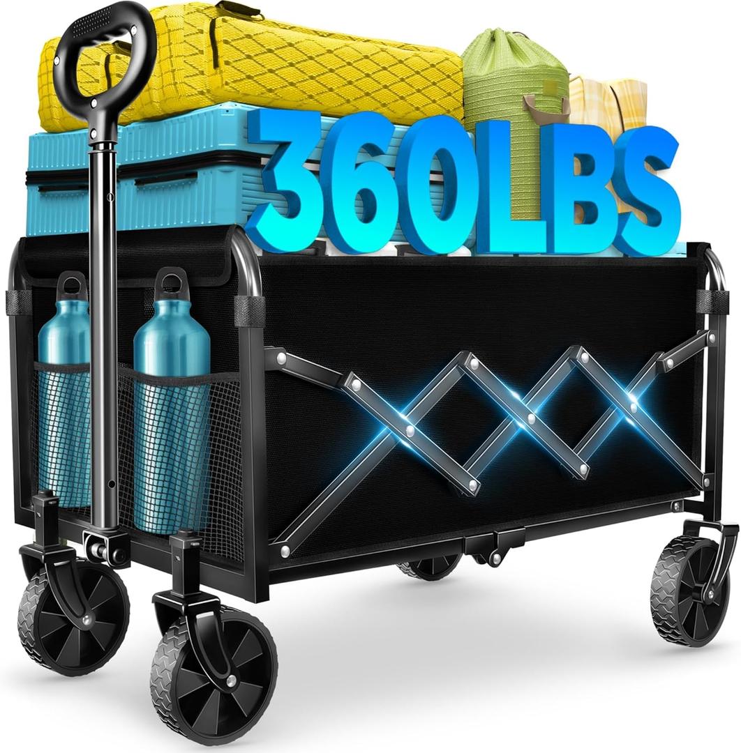 Wagons Carts Foldable - Collapsible Wagon Cart with Wheels Foldable - Utility Folding Wagon Cart for Sports Camping Grocery, Black (Deep Black-360lbs)