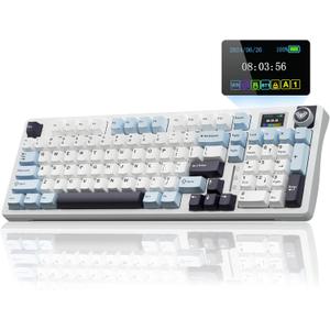 AULA S98 Pro Wireless Mechanical Keyboard, Smart Screen & Knob, Tri-Mode BT5.0/USB-C/2.4GHz Creamy Keyboard, Pre-lubed Linear Switches, Hot Swappable RGB Backlit Computer Gaming Keyboards (White & Blue)