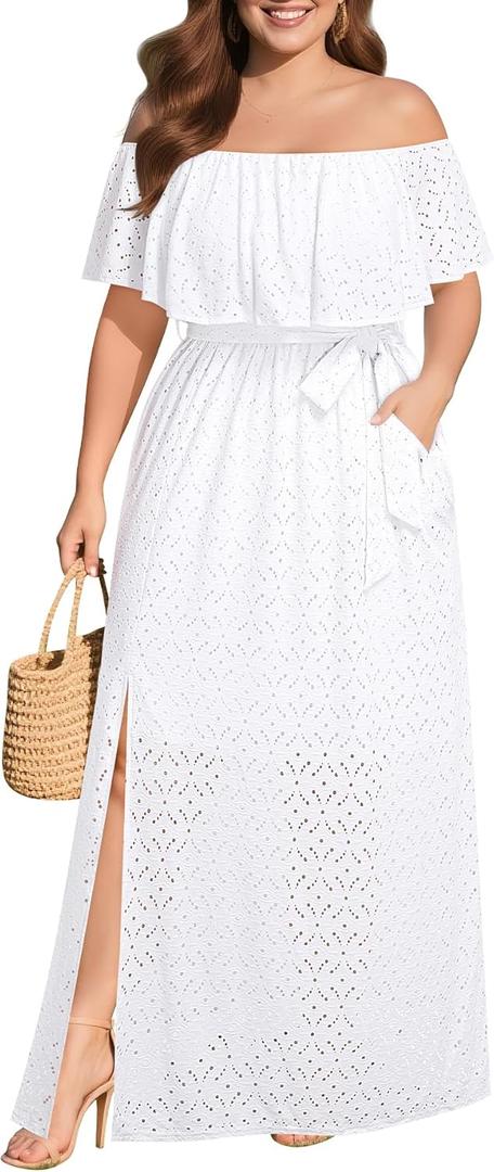 Pinup Fashion Women Plus Size Summer Dresses - Off The Shoulder Wedding Guest Eyelet Casual Maxi Dress Pockets (White, L)
