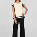 ANRABESS Women 2 Piece Lounge Sets Summer Casual Knit Sweater Vest Pant Set Beach Vacation Clothes 2026 Airport Outfits (Beige, L)