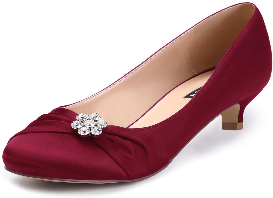 ERIJUNOR Women Closed Toe Comfort Kitten Heels Rhinestones Satin Wedding Evening Dress Shoes (11, Burgundy)