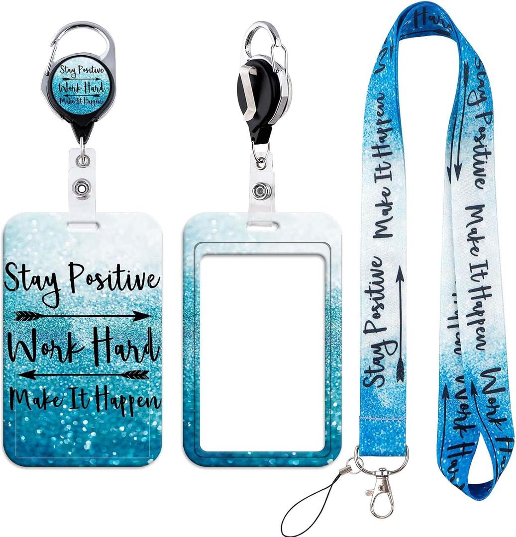 Cute Cat Lanyards for ID Badges & Stay Positive Lanyards for ID Badges, Badge Reel Retractable Badge Holder with Lanyard for Teacher, Women, Kids