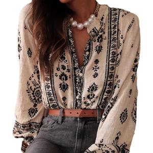 Womens Long Sleeve Button Down Cotton Linen Shirt Western Cowgirl Vintage Elegant Boho Floral Printed Blouses (Large, White)