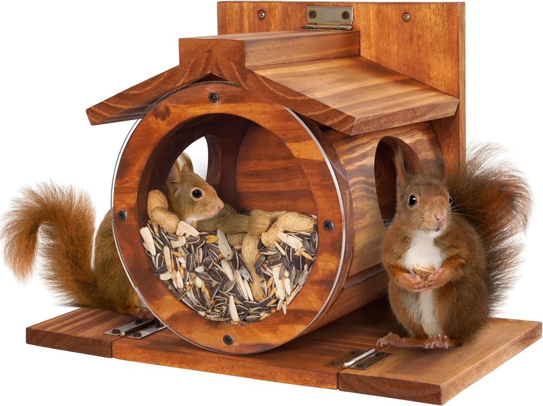 MIXUMON Wood Squirrel Feeder, Squirrel Feeders for Outside Winter, Wooden Chipmunk Feeder for Corn, Peanuts, Durable Box Easy to Fill with The Roof Can Be Opened