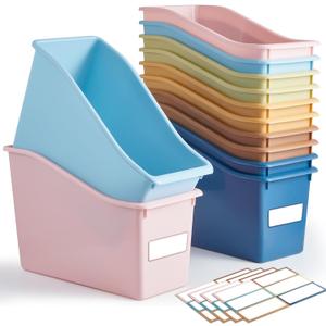 Geetery 12 Pcs Book Bin for Classroom with 24 Pcs Labels Stackable Plastic Organizing Bins 11.5 x 5.4 x 7.5 in Book Holders Storage Bins Box Baskets for Classroom Library Home (Boho Color)