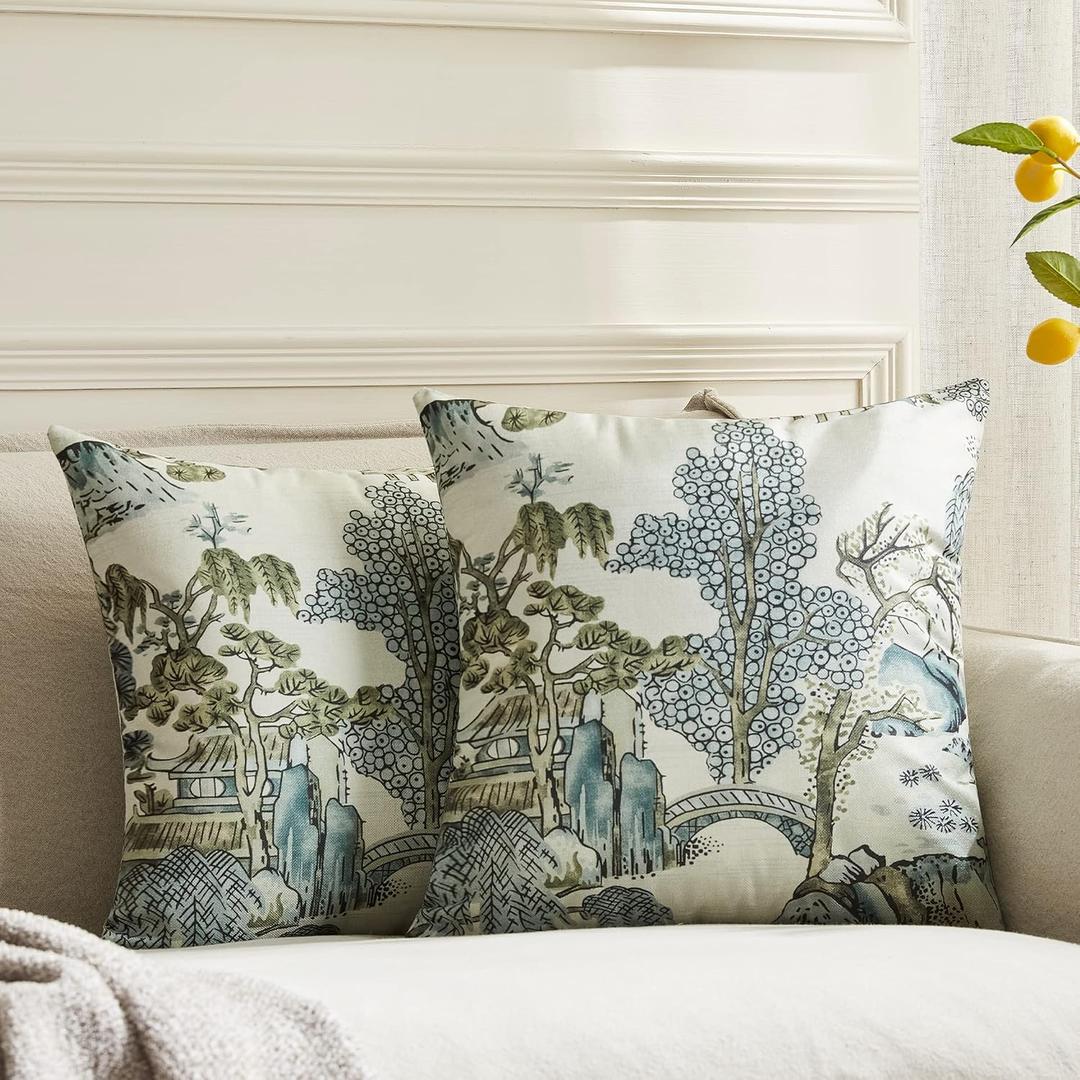 Pack of 2, Chinoiserie Pillow Cover 20 x 20 Inch Asian Scenic Grey Throw Pillow Covers Linen Farmhouse Tree Leaves Pillow Case Cushion Covers for Sofa Couch Living Room