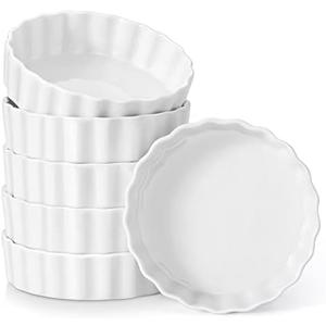 LOVECASA Porcelain Ramekins 8 Oz Oven Safe Set of 6 - Shallow Creme Brulee Dishes for Baking, Soufflés, Custards, Fluted Quiche Pans, Chip-Resistant & Stackable, White