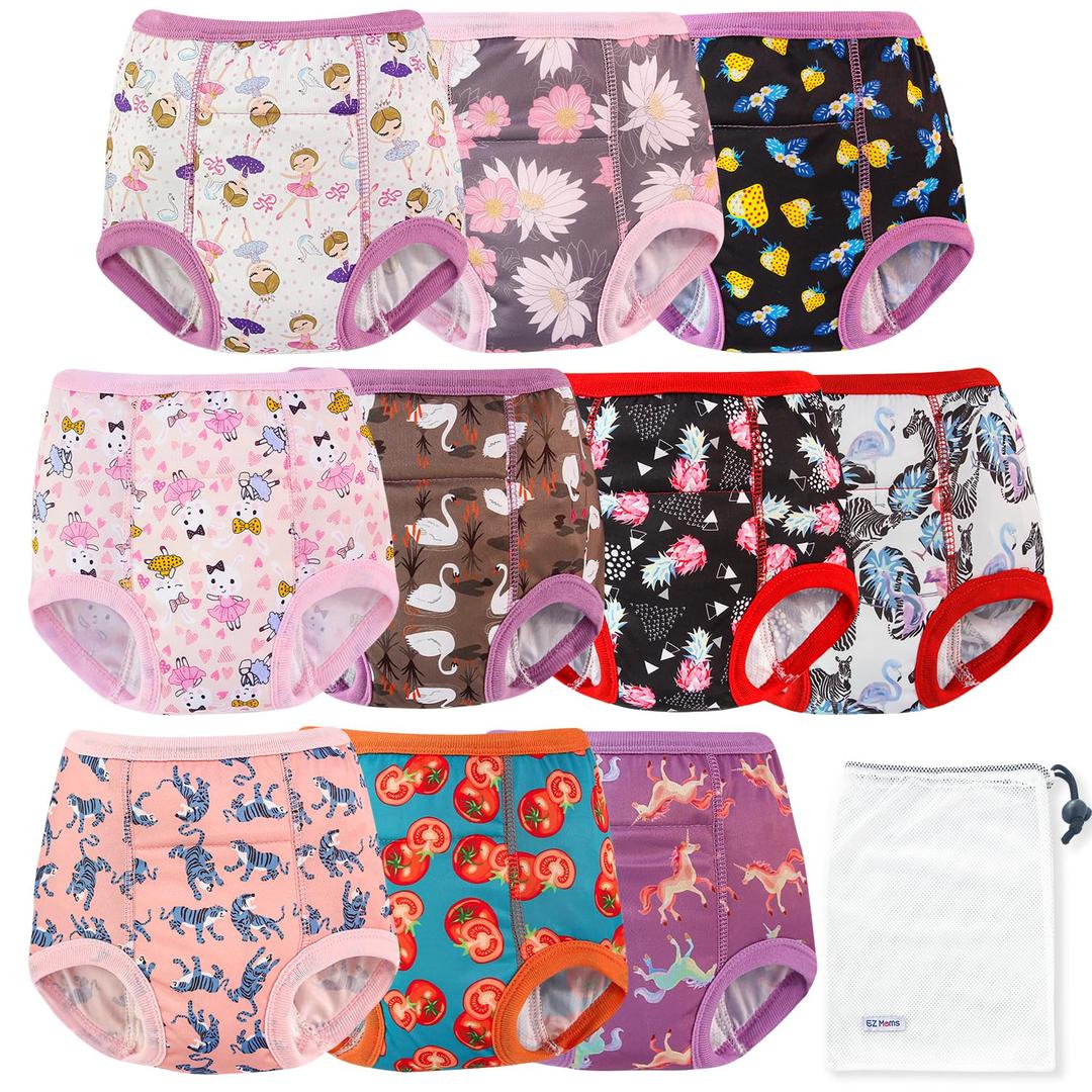 EZ Moms 10 Packs Reusable Potty Training Underwear for Girls Double Absorption Training Panties for Toddler Girls High Waist Toddler Girl Underwear 2T Kid Confident Pee Pants with a Laundry Bag, 2T