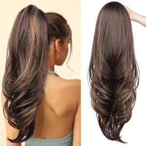 SEIKEA Versatile Drawstring Ponytail Extension, 26" Long Wavy Multi Layered Clip in Ponytail Hair Extensions Stand Up High Fake Pony Tail Soft Natural Synthetic Hairpiece Chocolate Brown/Blonde