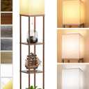 Floor Lamp with Shelves for Living Room Walnut Brown, Shelf Floor Lamp with 3 CCT LED Bulb, Corner Display Standing Column Lamp Etagere Organizer Tower Nightstand with White Linen Shade for Bedroom