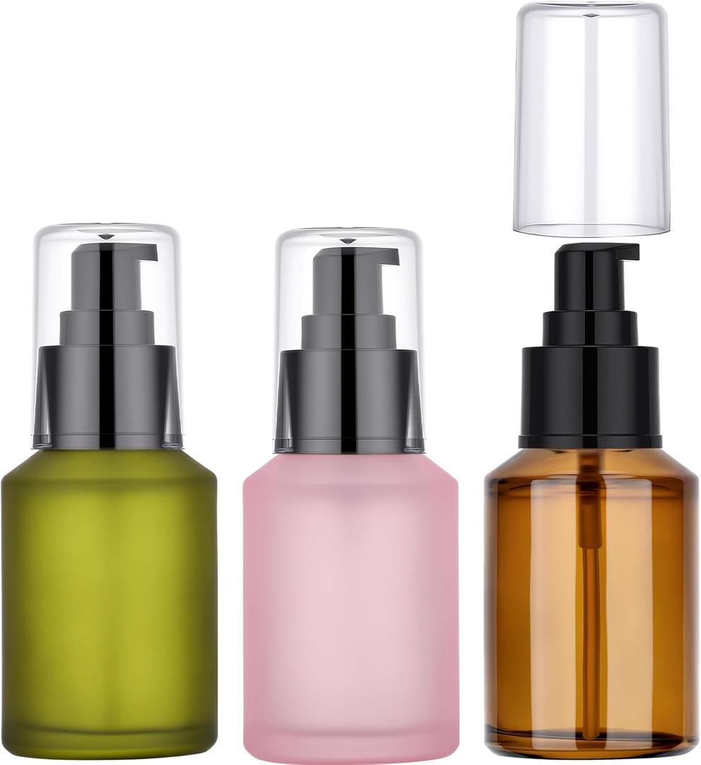 Segbeauty 2oz Frosted Glass Pump Bottle Dispenser, 3pcs Empty Travel Size Bottles with Pump, 15ml Refillable Travel Lotion Container, Mini Liquid Containers for Creams Oils Bottle in Mixed Color