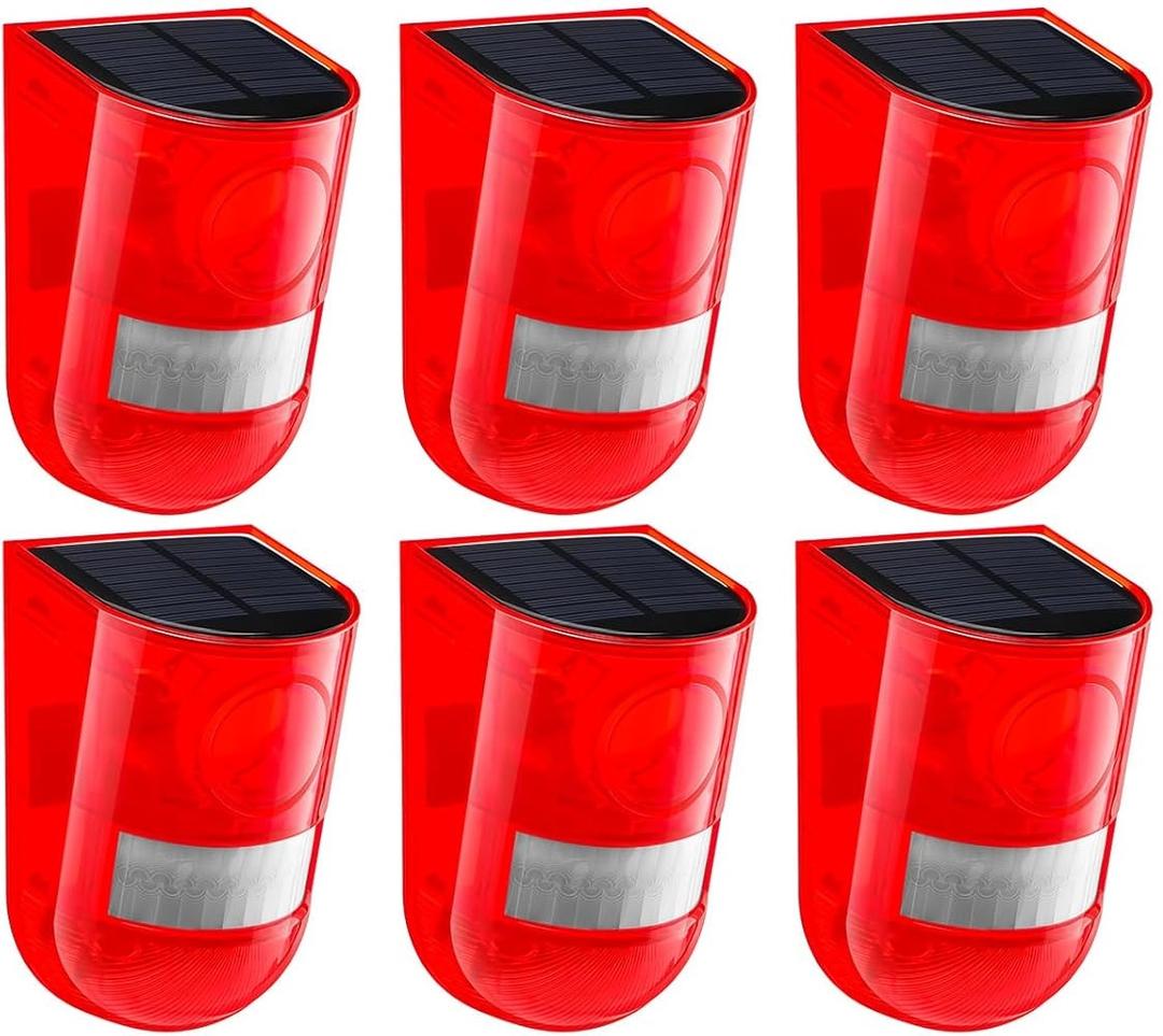 Qualirey 6 Pack Solar Sound and Light Alarm Motion Sensor 129db Outdoor Security Siren Waterproof Motion Activated Detector Alarm 6 LEDs Flash Warning Strobe System for Home, Farm (Red)