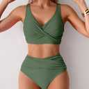 Fanuerg Women High Waisted Bikini Sets V Neck Cross Twist Front Two Piece Swimsuit Tummy Control Bathing Suit (Green, XXL)