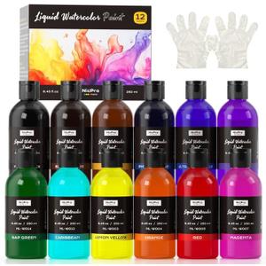 Nicpro 12 Colors Liquid Watercolor Paint Set, 8.45oz Large Bulk Liquid Watercolor Paint, Non-Toxic Water Colors Painting Supplies for Art Activity, Craft DIY, Poster, School, Home, Classroom, Party