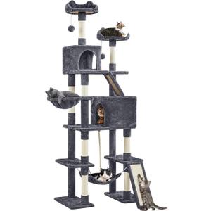 Yaheetech Cat Tree, 82.5in Large Tower w/Hammock, 2 Kitty-Ear Perches, 2 Cozy Condos, Scratching Posts, Basket, Furniture for Large Cats, Kittens, Dark Gray (31 x 19 x 82.5in)