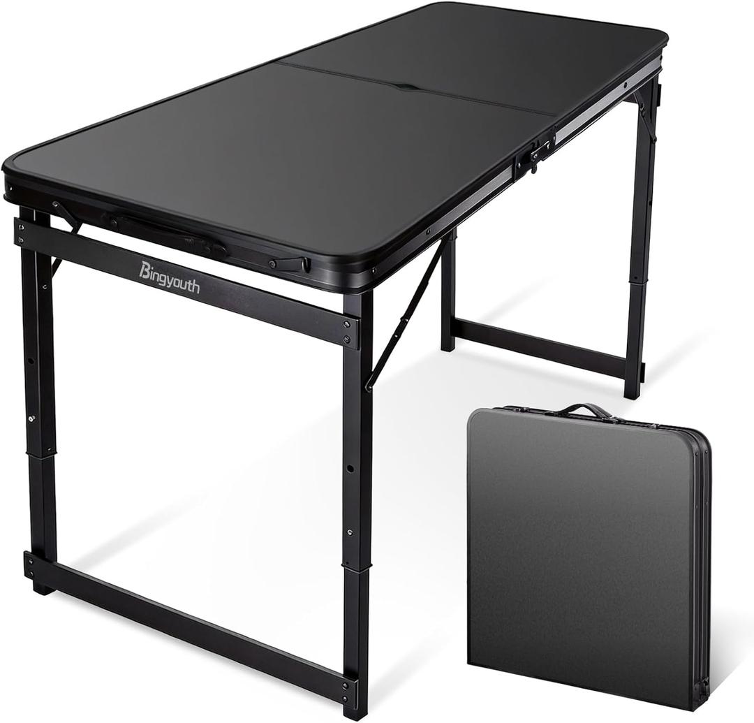 4FT x 2FT Folding Camping Table Adjustable Height with Umbrella Hole, Aluminum Alloy Legs Foldable Portable Outdoor Table for Picnic, Travel, Parties, Kids Craft, Market Vendor Use