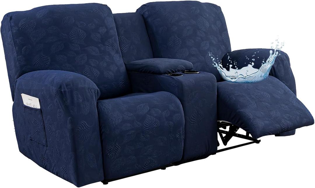 Gennia Waterproof Recliner Loveseat Cover with Console 6 Pieces, Jacquard 2 Seat Recliner Covers with Pockets Stretch Reclining Loveseat Slipcovers Furniture Protector (2 Seat with Console, Navy Blue)