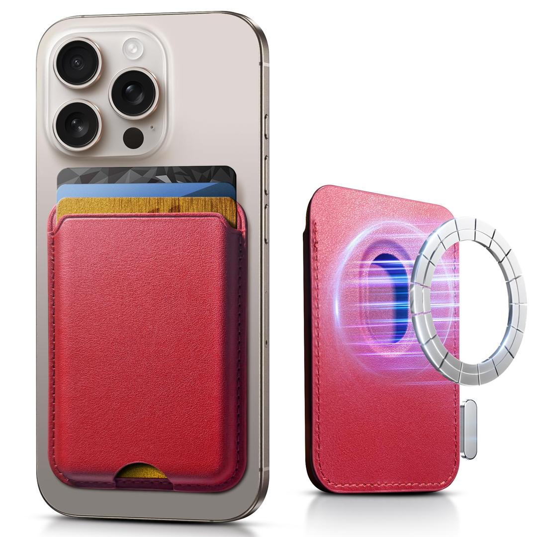 SOUNDBYTE Stronger Magnetic Wallet for iPhone 17/16/15/14/13/12 Series & for MagSafe Cases | N52 Magnet RFID Blocking Leather Magnetic Card Holder with Powerful Magnets | Holds 3 Cards | Red