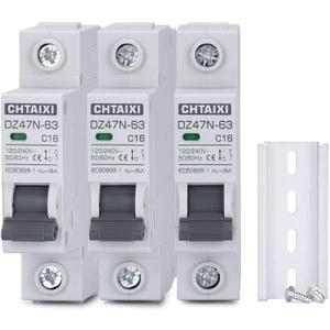 3 Pack 1 Pole Miniature Circuit Breaker, 16 Amp 120V/240V AC DIN Rail Mount Circuit Breaker, Thermal Magnetic Trip MCB C16