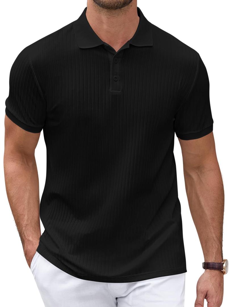 LIFROWI Mens Polo Shirts Short Sleeve Golf Shirt Men Button Down Tshirt V Neck T Shirt Collared Summer Shirt Men (XL,2-Black)