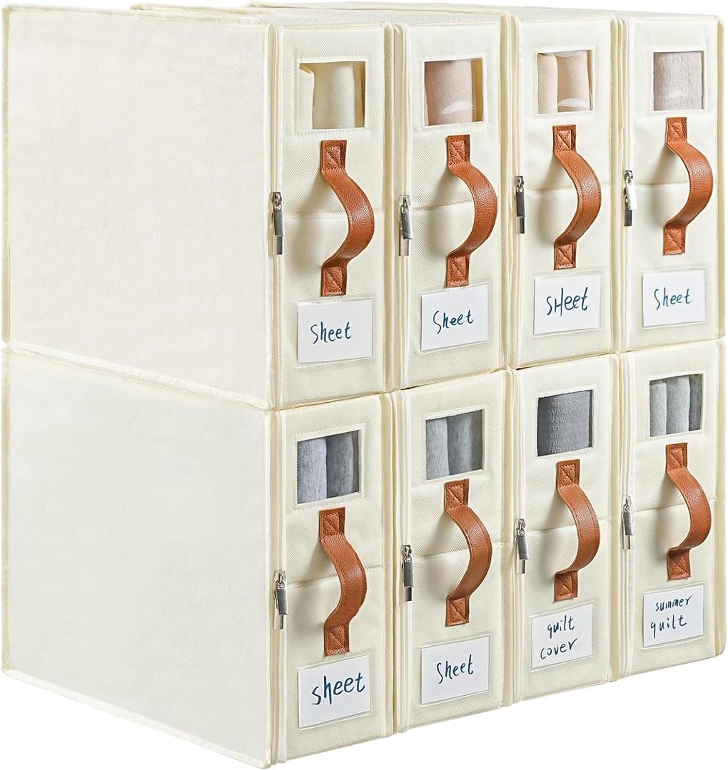 8 Pack Bed Sheet Organizers and Storage,Foldable Sheet Set Organizer with Zipper Lids,Fabric Organizer for Linen Closet with Window,Sheets Storage for XL (Queen & King Size) Bedding Container,Beige