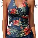 Women Two Piece Tankini Halter Padded Adjustable Drawstring Swimsuit with Boyshorts (Blue, XL)