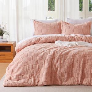 Joiedomi Tufted Full Size Comforter Set, 3 Pieces Coral Pink Boho Full Bedding Set with 1 Plaid Geometric Comforter and 2 Pillow Shams, Checkered Bed in a Bag for All Seasons