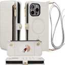 Crossbody Wallet Case for iPhone 13 Pro Max with Mirror, Wrist Strap, Zipper Purse Magnetic Flip RFID Blocking Card Holder, Wireless Charging, PU Leather Shockproof 6.7" Women (White)