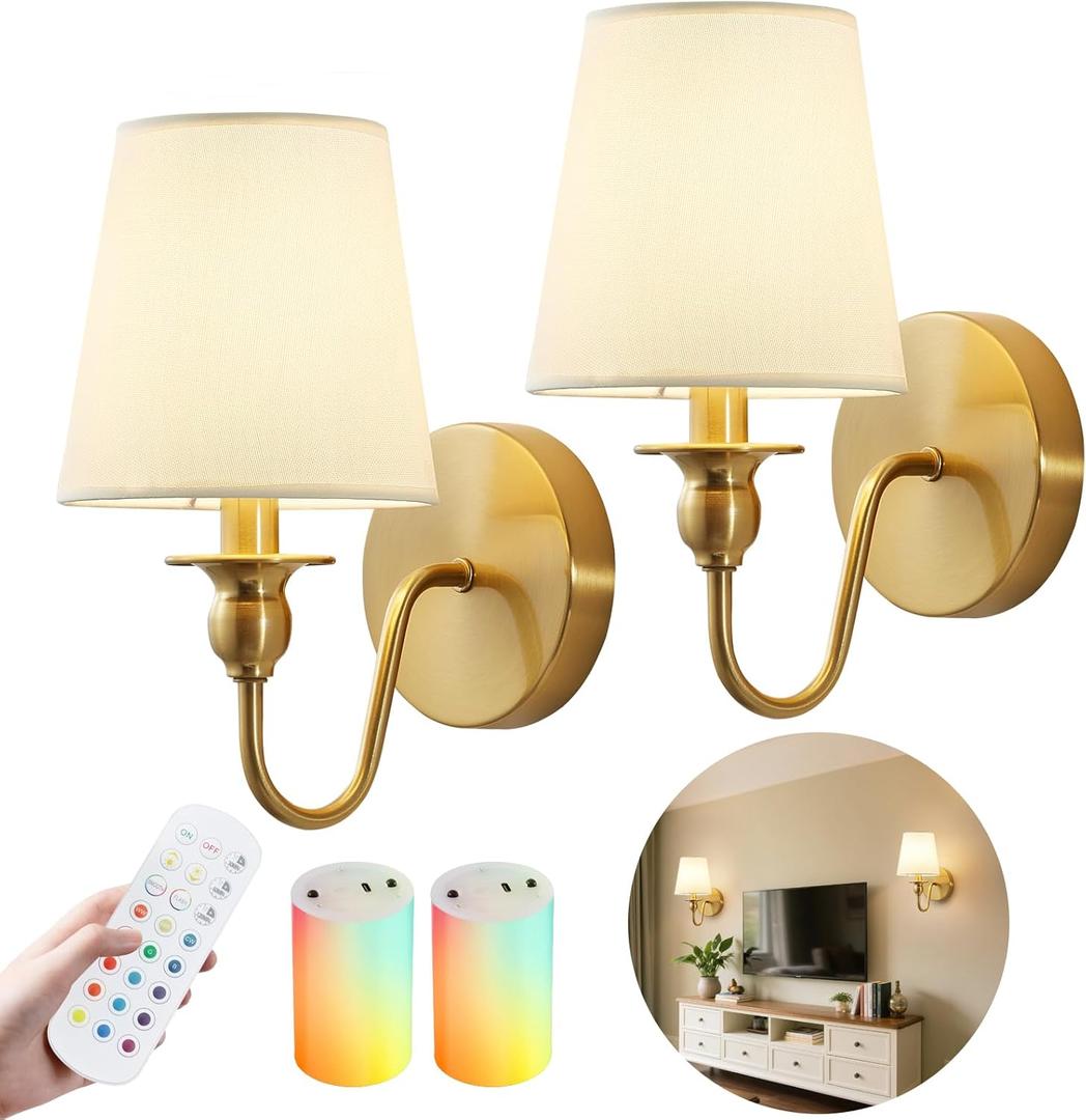 Battery Operated Wall Sconces set of Two,Wireless Wall Sconces with 10000mAh Dimmable Bulb and Remote,LED 15 Colors Rechargeable Gold Wall Sconce with Fabric for Bedroom Living Room Hallway Wall Decor (2 Pack)