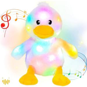 Hopearl LED Musical Stuffed Duck Light up Singing Duckling Plush Toy Adjustable Volume Lullaby Animated Soothe Birthday Gifts for Kids Toddler Girls, White, 11''