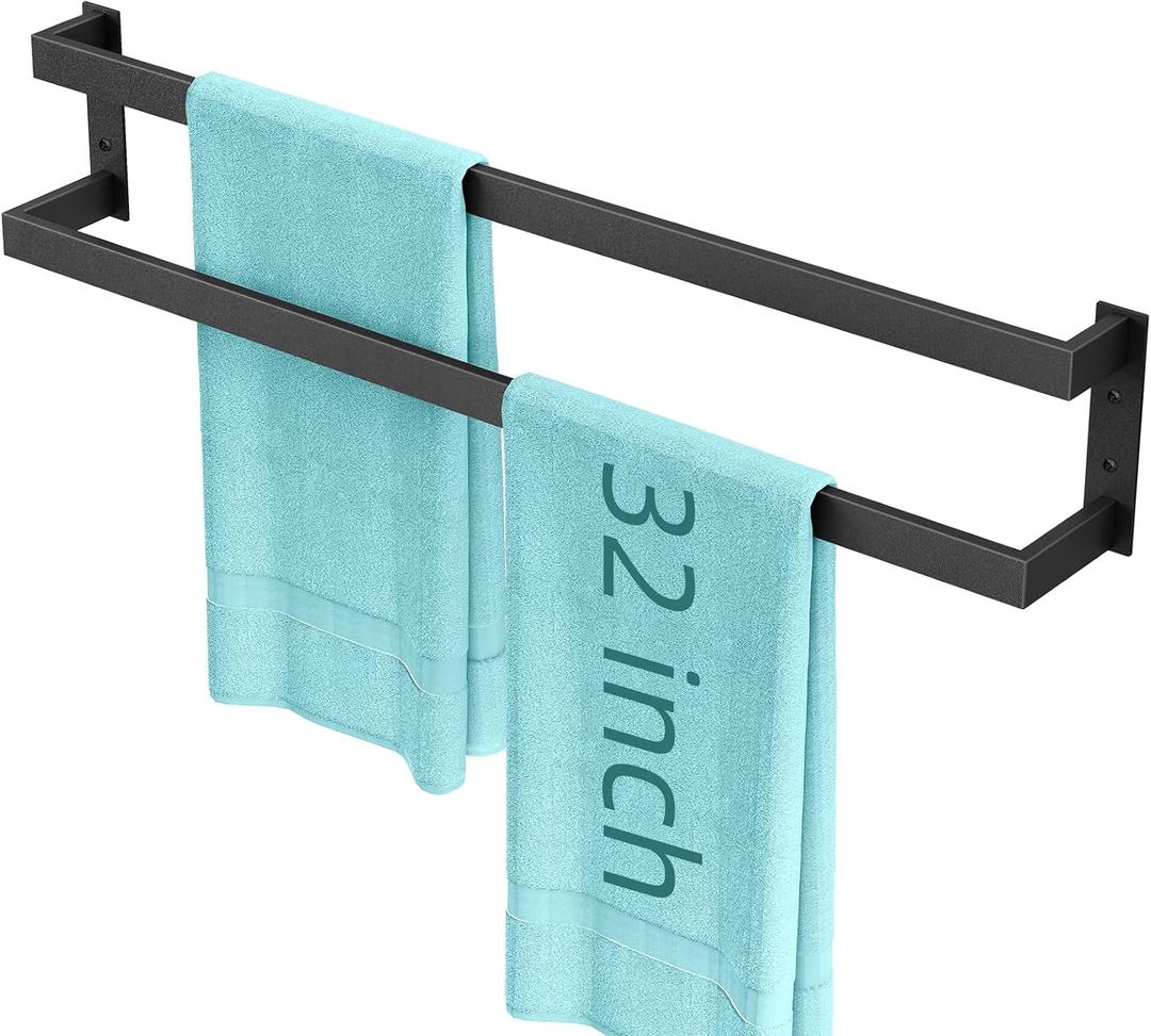 Double Towel Bar, 32Inch Towel Rack for Bathroom, Towel Holder Wall Mounted, Double Towel Rod Towel Rail Hanger for Wall, Kitchen (Matte Black)