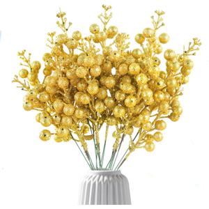 14Pcs Gold Christmas Glitter Berries Stems Christmas Tree Picks 7.8 Inch Artificial Christmas Picks Stems Faux Holly Berry Branches for Christmas Tree Ornament DIY Crafts Wreath Holiday and Home Decor