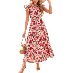 PRETTYGARDEN Women's 2025 Summer Floral Midi Dress Cap Sleeve V Neck Ruffle Long Flowy Boho Casual Beach Vacation Dresses (Medium, Floral Orange Pink Red)