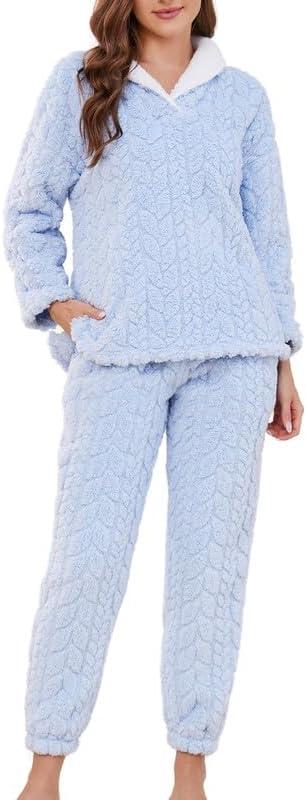 LYCY Fluffy Pajamas set for Women Fleece Pullover 2 Piece Pjs Set Soft Plush Sleepwear Winter Loungewear (Small, Light Blue)