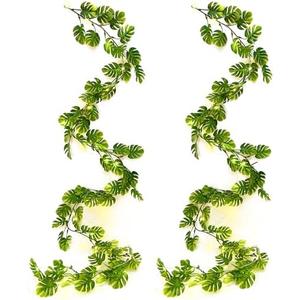 RECUTMS Artificial Monstera Leaf Vines Whit Light 2Pcs, 5.9FT Fake Hanging Ivy Plant Faux Tropical Palm Leaves Greenery Vine Garland Indoor Outdoor Garden Porch Patio Jungle Luau Birthday Party Décor