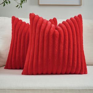 FUTEI Valentine's Day Red Throw Pillow Covers Set of 2, 26x26 Inch Soft Faux Rabbit Fur Striped Texture Euro Pillow Shams, Modern Decorative Couch Pillows for Living Room Bed