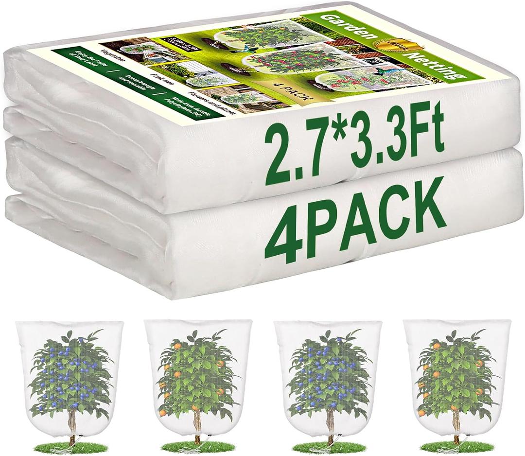 JERIA Bird Netting for Garden, 4 Pack 3.3ft x 2.7ft Blueberry Bush Netting Cover,Gardens Netting with Drawstring
