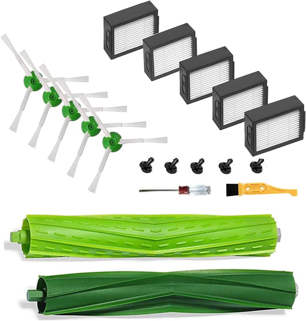 Replacement Parts for iRobot Roomba i7 i7+ i8 i8+ i1 i2 i3 i3+ i4 i4+ i6 i6+ E5 E6 E7 j6 j7 j7+/Plus E,I & J Series Robot Vacuum Accessories,1 Set Rubber Roller Brush, 5 Side Brushes & 5 HEPA Filters